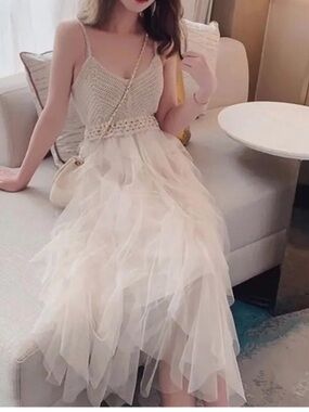 Boutique Crochet Ruffle Mesh Fairy🧚💕 Sundress Beach 🏝️Cream NWOT Sz M🎀FIRM $72